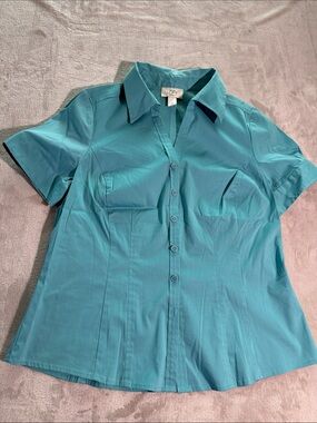 LOFT Teal Short-Sleeve Button Down Shirt Cotton Spandex Size 12P Office Casual